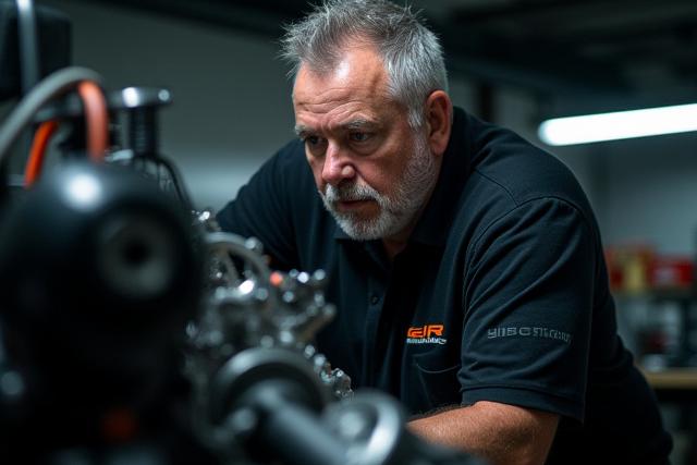 Geir Rasmussen i verkstedet med en bilmotor, fokusert og lidenskapelig